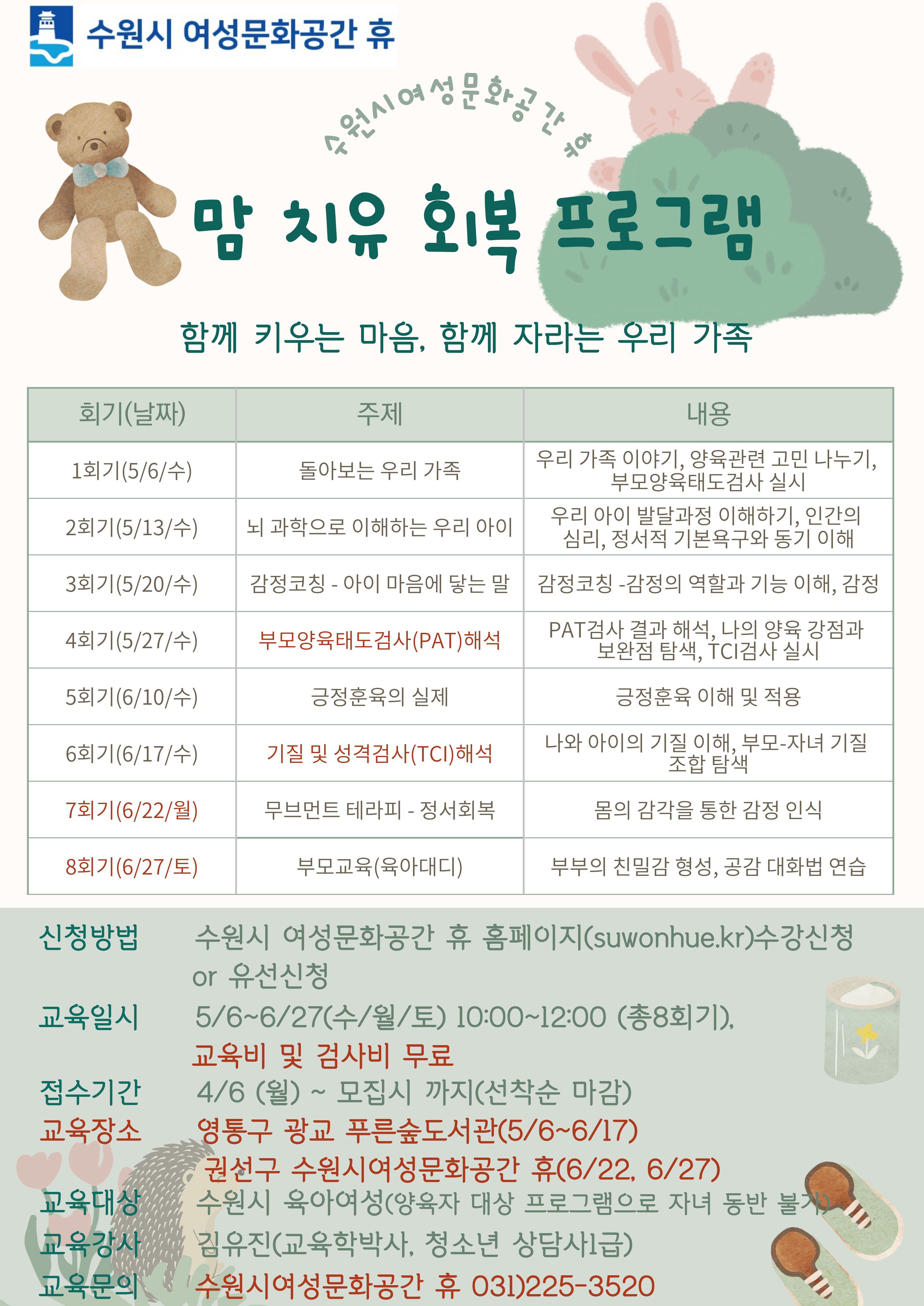 맘 치유 회복 프로그램: 함께 키우는 마음, 함께 자라는 우리 가족 강좌내용